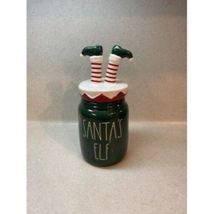 Rae Dunn "SANTA'S Elf” Green Canister with "ELF FEET “ Topper